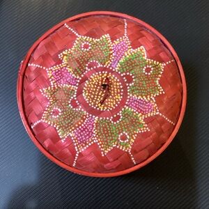 Handcrafted Red Woven Basket with Hand Painted Floral Design